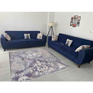 Vintage Damask Desenli Halı – Gri Ve Morun Yumuşak Tonlarıyla Eskitilmiş Etki – Makinede Yıkanabilir, Pamuk Dokuma Taban, Kolay Temizlenir 180x200 cm