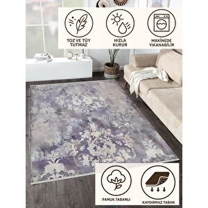 Vintage Damask Desenli Halı – Gri Ve Morun Yumuşak Tonlarıyla Eskitilmiş Etki – Makinede Yıkanabilir, Pamuk Dokuma Taban, Kolay Temizlenir 180x200 cm