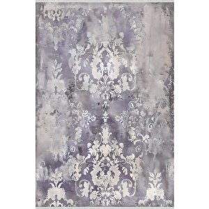 Vintage Damask Desenli Halı – Gri Ve Morun Yumuşak Tonlarıyla Eskitilmiş Etki – Makinede Yıkanabilir, Pamuk Dokuma Taban, Kolay Temizlenir 180x200 cm