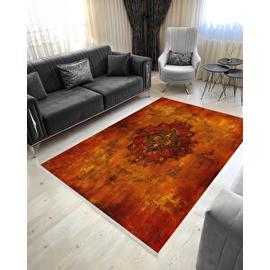 Turuncu Eskitilmiş Medallion Halı – Sıcak Ve Yoğun Tonlarla Çarpıcı Etki – Makinede Yıkanabilir, Tüy Tutmaz, Pamuk Dokuma Tabanlı 150x240 cm