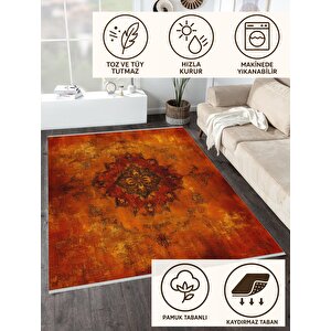 Turuncu Eskitilmiş Medallion Halı – Sıcak Ve Yoğun Tonlarla Çarpıcı Etki – Makinede Yıkanabilir, Tüy Tutmaz, Pamuk Dokuma Tabanlı 150x240 cm