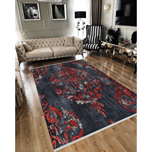 Lacivert Ve Kırmızı Damask Halı – Eskitilmiş Desen – Yıkanabilir, Pamuk Tabanlı, Tüy Tutmaz 150x150 cm