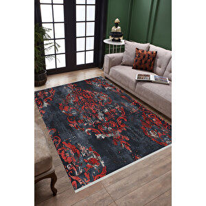 Lacivert Ve Kırmızı Damask Halı – Eskitilmiş Desen – Yıkanabilir, Pamuk Tabanlı, Tüy Tutmaz