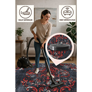 Lacivert Ve Kırmızı Damask Halı – Eskitilmiş Desen – Yıkanabilir, Pamuk Tabanlı, Tüy Tutmaz