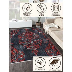 Lacivert Ve Kırmızı Damask Halı – Eskitilmiş Desen – Yıkanabilir, Pamuk Tabanlı, Tüy Tutmaz