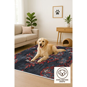 Lacivert Ve Kırmızı Damask Halı – Eskitilmiş Desen – Yıkanabilir, Pamuk Tabanlı, Tüy Tutmaz