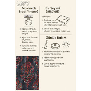 Lacivert Ve Kırmızı Damask Halı – Eskitilmiş Desen – Yıkanabilir, Pamuk Tabanlı, Tüy Tutmaz