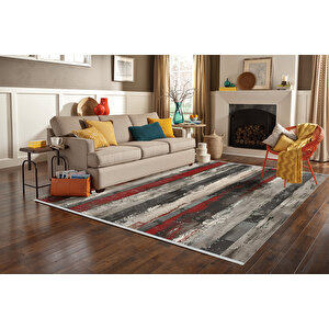 Kırmızı, Gri Ve Siyah Çizgili Halı – Eskitilmiş Modern Tasarım – Makinede Yıkanabilir, Tüy Tutmaz, Pamuk Dokuma Tabanlı 120x180 cm