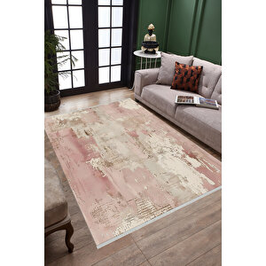 Soyut Desenli Bej Ve Pembe Halı – Yıkanabilir, Pamuk Tabanlı, Evcil Hayvan Dostu 80x80 cm