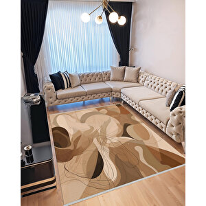 Kahverengi Tonlarında Soyut Halı – Akışkan Modern Desen – Makinede Yıkanabilir, Tüy Tutmaz, Pamuk Dokuma Tabanlı 200x350 cm