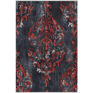 Lacivert Ve Kırmızı Damask Halı – Eskitilmiş Desen – Yıkanabilir, Pamuk Tabanlı, Tüy Tutmaz 100x100 cm
