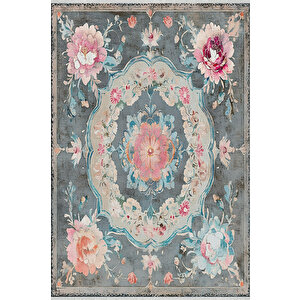 Gül Desenli Eskitme Halı – Pastel Pembe, Mavi Ve Gri Tonlar – Makinede Yıkanabilir, Tüy Tutmaz, Pamuk Dokuma Tabanlı 200x220 cm