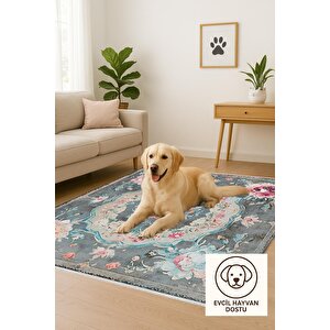 Gül Desenli Eskitme Halı – Pastel Pembe, Mavi Ve Gri Tonlar – Makinede Yıkanabilir, Tüy Tutmaz, Pamuk Dokuma Tabanlı