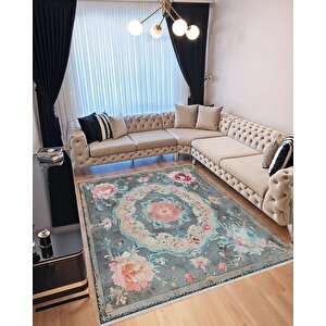 Gül Desenli Eskitme Halı – Pastel Pembe, Mavi Ve Gri Tonlar – Makinede Yıkanabilir, Tüy Tutmaz, Pamuk Dokuma Tabanlı 150x240 cm