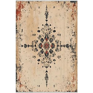 Bej Eskitilmiş Medallion Halı – Zamansız Ve Çarpıcı Kontrast – Makinede Yıkanabilir, Tüy Tutmaz, Pamuk Dokuma Tabanlı 160x180 cm