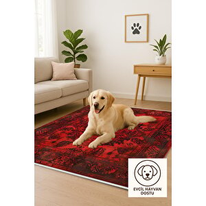 Kırmızı Eskitme Desenli Halı – Geleneksel Dokuma Tarzı, Yoğun Ve Çarpıcı Renkler