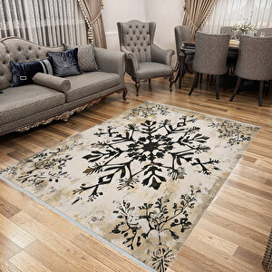 Siyah Çiçek Desenli Halı – Nötr Ve Zarif Tonlar – Makinede Yıkanabilir, Tüy Tutmaz, Pamuk Dokuma Tabanlı 150x150 cm