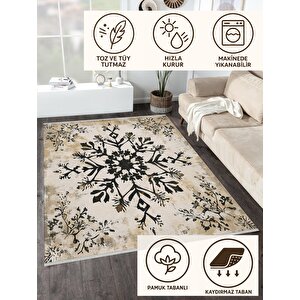 Siyah Çiçek Desenli Halı – Nötr Ve Zarif Tonlar – Makinede Yıkanabilir, Tüy Tutmaz, Pamuk Dokuma Tabanlı 150x150 cm