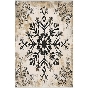 Siyah Çiçek Desenli Halı – Nötr Ve Zarif Tonlar – Makinede Yıkanabilir, Tüy Tutmaz, Pamuk Dokuma Tabanlı 150x150 cm