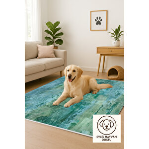 Yeşil Ve Mavi Renkli Soyut Halı – Makinede Yıkanabilir, Pamuk Tabanlı, Kolay Temizlenebilir, Robot Süpürge Uyumlu 180x270 cm