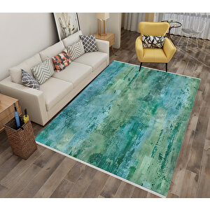 Yeşil Ve Mavi Renkli Soyut Halı – Makinede Yıkanabilir, Pamuk Tabanlı, Kolay Temizlenebilir, Robot Süpürge Uyumlu