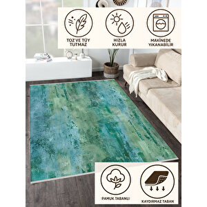 Yeşil Ve Mavi Renkli Soyut Halı – Makinede Yıkanabilir, Pamuk Tabanlı, Kolay Temizlenebilir, Robot Süpürge Uyumlu