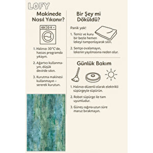 Yeşil Ve Mavi Renkli Soyut Halı – Makinede Yıkanabilir, Pamuk Tabanlı, Kolay Temizlenebilir, Robot Süpürge Uyumlu