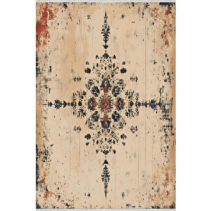 Bej Eskitilmiş Medallion Halı – Zamansız Ve Çarpıcı Kontrast – Makinede Yıkanabilir, Tüy Tutmaz, Pamuk Dokuma Tabanlı 200x350 cm