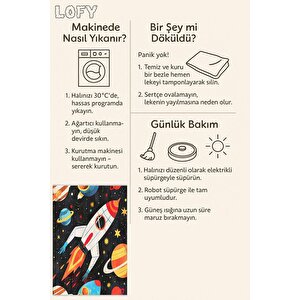 Roket Ve Gezegen Desenli Halı – Renkli Ve Eğlenceli Uzay Teması – Makinede Yıkanabilir, Tüy Tutmaz, Pamuk Dokuma Tabanlı