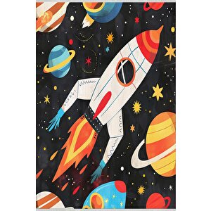 Roket Ve Gezegen Desenli Halı – Renkli Ve Eğlenceli Uzay Teması – Makinede Yıkanabilir, Tüy Tutmaz, Pamuk Dokuma Tabanlı 160x230 cm