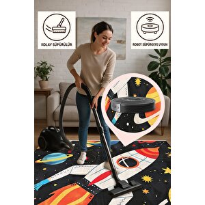 Roket Ve Gezegen Desenli Halı – Renkli Ve Eğlenceli Uzay Teması – Makinede Yıkanabilir, Tüy Tutmaz, Pamuk Dokuma Tabanlı