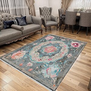Gül Desenli Eskitme Halı – Pastel Pembe, Mavi Ve Gri Tonlar – Makinede Yıkanabilir, Tüy Tutmaz, Pamuk Dokuma Tabanlı 150x300 cm
