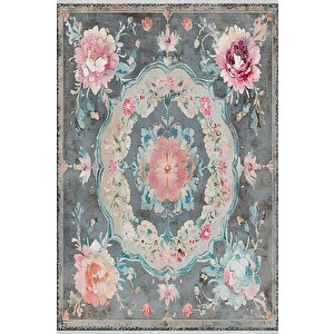 Gül Desenli Eskitme Halı – Pastel Pembe, Mavi Ve Gri Tonlar – Makinede Yıkanabilir, Tüy Tutmaz, Pamuk Dokuma Tabanlı 150x300 cm