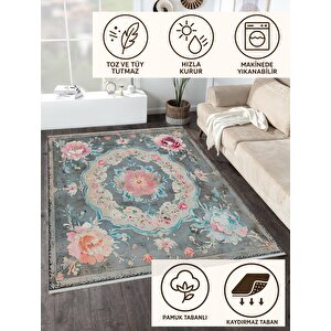 Gül Desenli Eskitme Halı – Pastel Pembe, Mavi Ve Gri Tonlar – Makinede Yıkanabilir, Tüy Tutmaz, Pamuk Dokuma Tabanlı