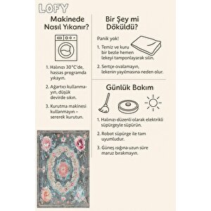 Gül Desenli Eskitme Halı – Pastel Pembe, Mavi Ve Gri Tonlar – Makinede Yıkanabilir, Tüy Tutmaz, Pamuk Dokuma Tabanlı