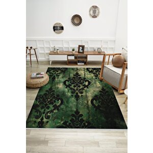 Yeşil Siyah Barok Halı – Klasik Damask Desenli Halı Tasarımı – Kaymaz Tabanlı, Makinede Yıkanabilir, Toz Tutmaz, Evcil Hayvan Dostu, Robot Süpürgeyle Uyumlu 160x230 cm