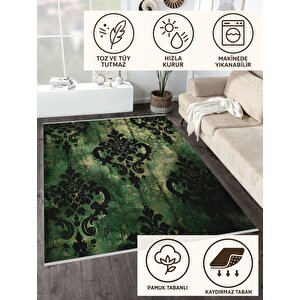 Yeşil Siyah Barok Halı – Klasik Damask Desenli Halı Tasarımı – Kaymaz Tabanlı, Makinede Yıkanabilir, Toz Tutmaz, Evcil Hayvan Dostu, Robot Süpürgeyle Uyumlu 160x230 cm