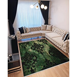 Yeşil Siyah Barok Halı – Klasik Damask Desenli Halı Tasarımı – Kaymaz Tabanlı, Makinede Yıkanabilir, Toz Tutmaz, Evcil Hayvan Dostu, Robot Süpürgeyle Uyumlu 160x230 cm