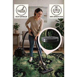 Yeşil Siyah Barok Halı – Klasik Damask Desenli Halı Tasarımı – Kaymaz Tabanlı, Makinede Yıkanabilir, Toz Tutmaz, Evcil Hayvan Dostu, Robot Süpürgeyle Uyumlu