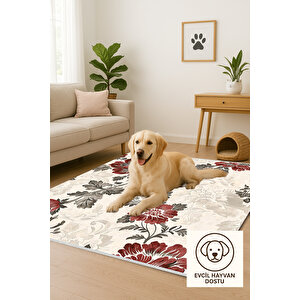 Kırmızı Ve Gri Çiçek Desenli Halı – Krem Zeminli – Makinede Yıkanabilir, Tüy Tutmaz, Pamuk Dokuma Tabanlı