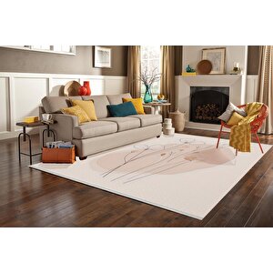 Soft Bej Çiçekli Halı – Minimalist Çizgisel Tasarım – Makinede Yıkanabilir, Tüy Tutmaz, Pamuk Dokuma Tabanlı