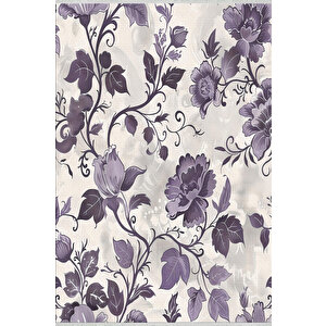 Mor Ve Lila Çiçek Desenli Halı – Krem Zeminli – Makinede Yıkanabilir, Tüy Tutmaz, Pamuk Dokuma Tabanlı 80x150 cm
