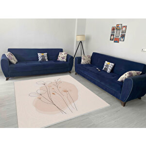 Soft Bej Çiçekli Halı – Minimalist Çizgisel Tasarım – Makinede Yıkanabilir, Tüy Tutmaz, Pamuk Dokuma Tabanlı 200x220 cm
