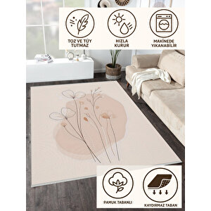 Soft Bej Çiçekli Halı – Minimalist Çizgisel Tasarım – Makinede Yıkanabilir, Tüy Tutmaz, Pamuk Dokuma Tabanlı 200x220 cm