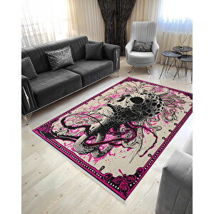 Parlak Pembe Detaylı Asi Tasarım Halı – Yıkanabilir Pamuk Taban, Kafatası Ve Ahtapot İllüstrasyonu 180x200 cm