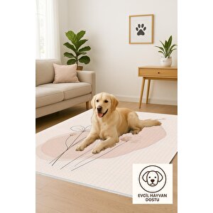 Soft Bej Çiçekli Halı – Minimalist Çizgisel Tasarım – Makinede Yıkanabilir, Tüy Tutmaz, Pamuk Dokuma Tabanlı
