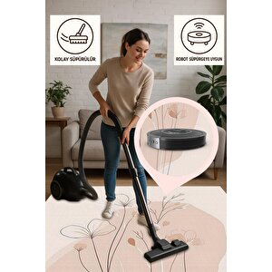 Soft Bej Çiçekli Halı – Minimalist Çizgisel Tasarım – Makinede Yıkanabilir, Tüy Tutmaz, Pamuk Dokuma Tabanlı