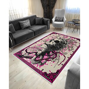 Parlak Pembe Detaylı Asi Tasarım Halı – Yıkanabilir Pamuk Taban, Kafatası Ve Ahtapot İllüstrasyonu 80x150 cm