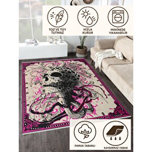 Parlak Pembe Detaylı Asi Tasarım Halı – Yıkanabilir Pamuk Taban, Kafatası Ve Ahtapot İllüstrasyonu 80x150 cm