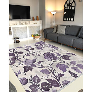 Mor Ve Lila Çiçek Desenli Halı – Krem Zeminli – Makinede Yıkanabilir, Tüy Tutmaz, Pamuk Dokuma Tabanlı 200x350 cm